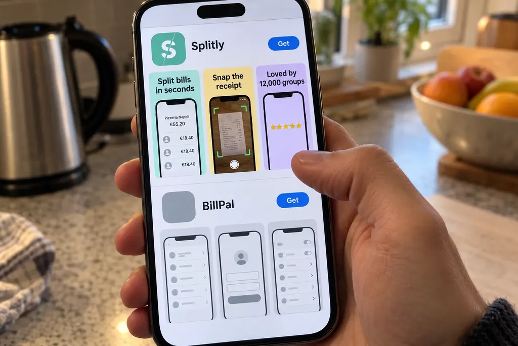 A thumb paused over a row of tall app screenshots in a phone’s store search results