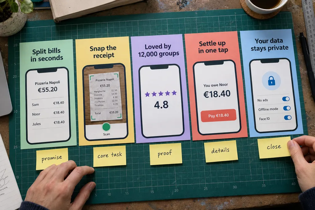 A designer arranging a row of printed tall screenshot cards in sequence on a table