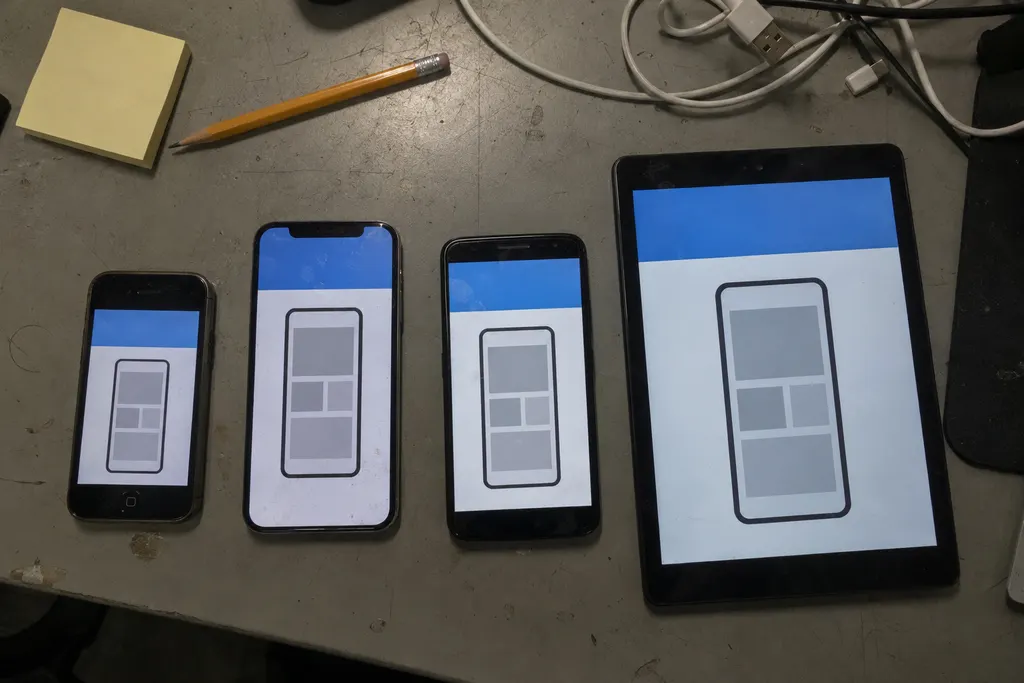 Phones of different sizes and a tablet laid out on a desk, each showing the same screenshot design
