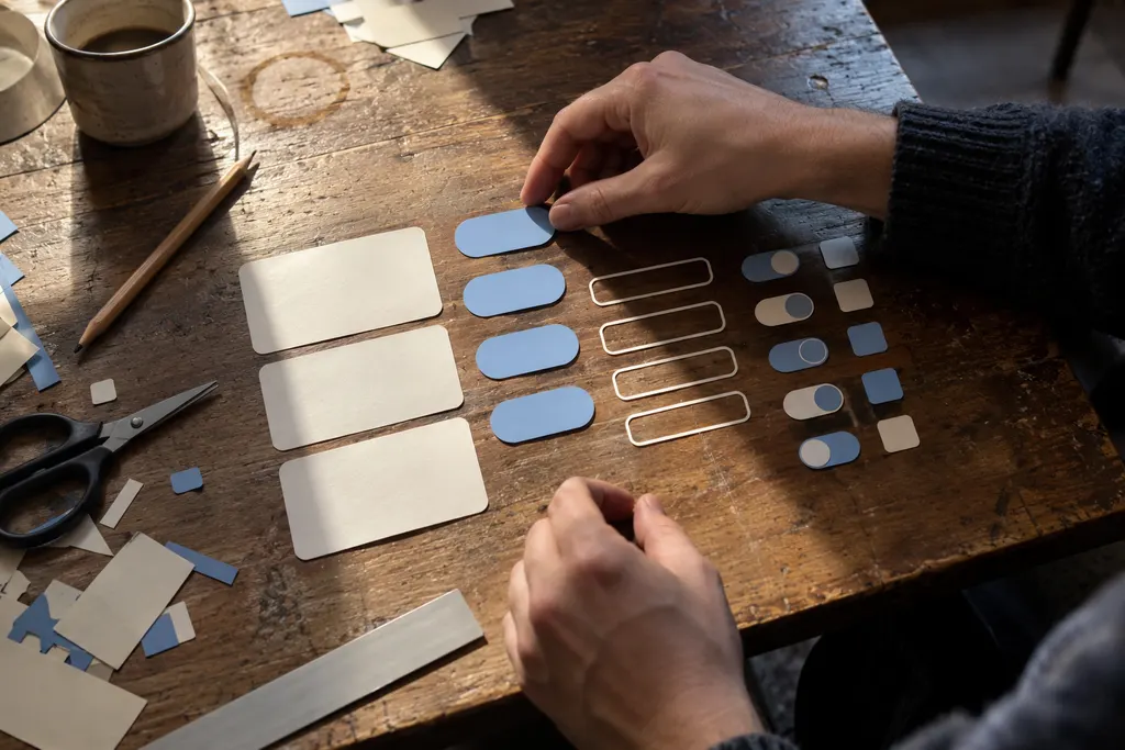 Hands arranging paper cut-outs of buttons, cards and form fields into rows on a worn wooden table