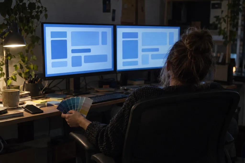 A designer leaning back from two monitors showing screens in slightly different blues, a colour swatch fan in one hand