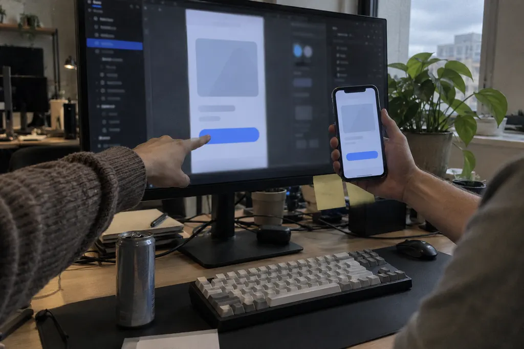 A designer and a developer sharing one desk, comparing a component on the monitor with the same screen on a phone