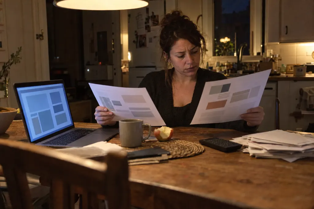 A founder at her kitchen table comparing two printed design proposals next to her laptop