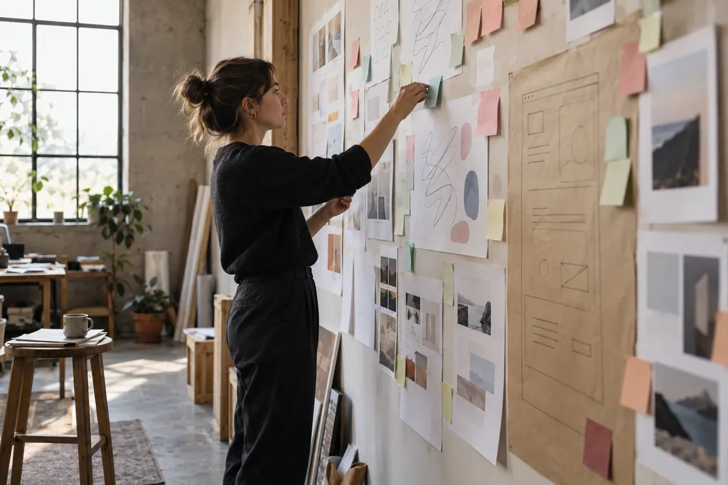 A designer rearranging research notes and page sketches on a studio wall