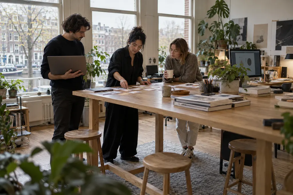 A small design team sorting a column of request cards during a planning session