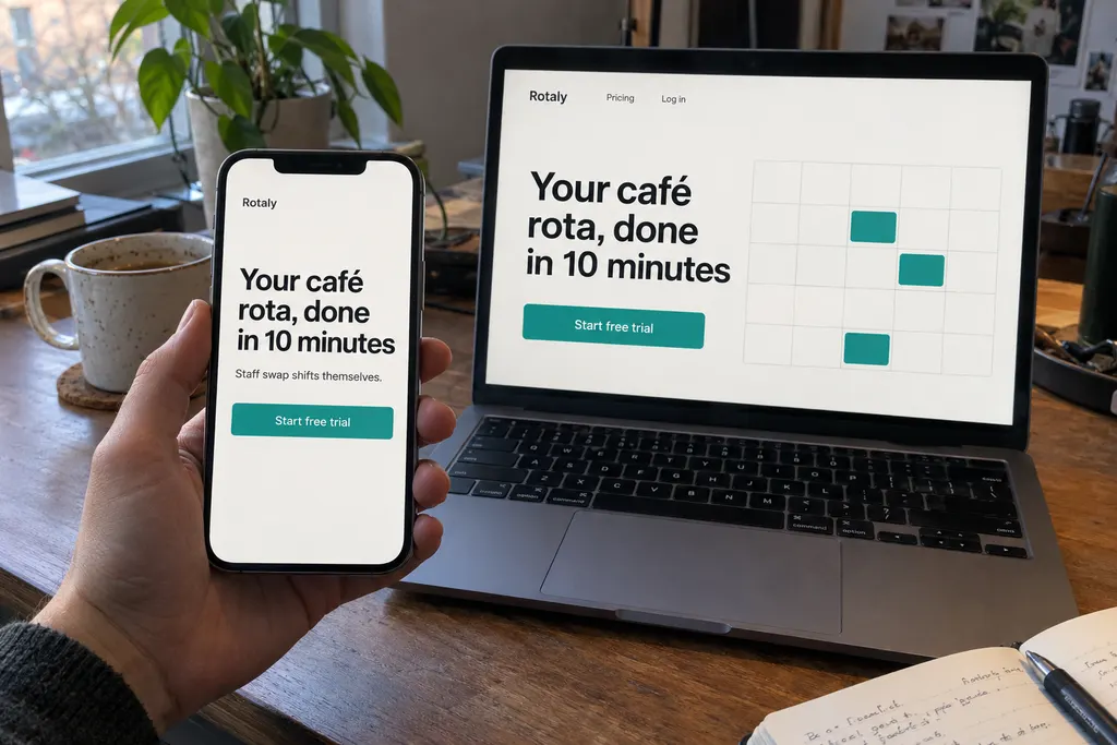 A hand holding a phone with the mobile version of a landing page, the desktop version on a laptop behind it