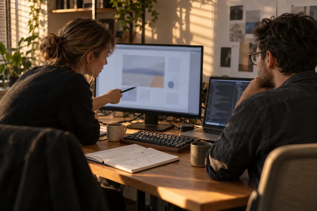 A designer pointing at a detail on a monitor while a developer works on the code beside her