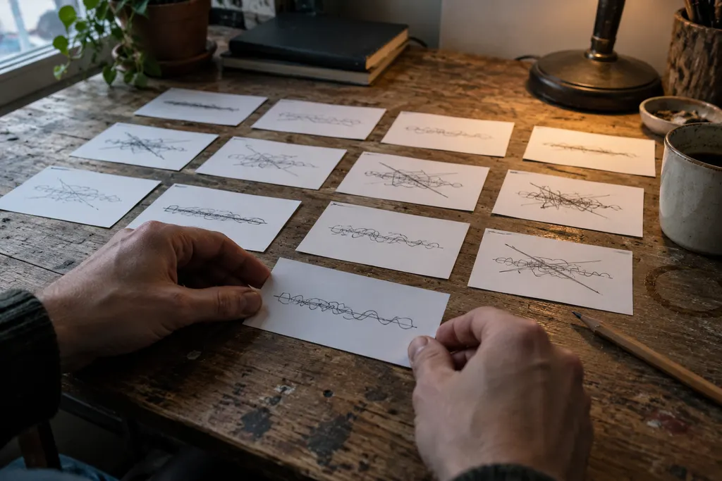 Hands sorting a spread of handwritten index cards on a table, one card pulled out of the row