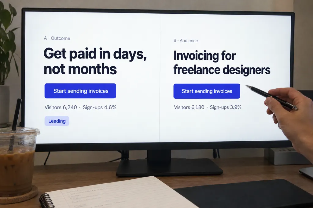 Two colleagues at one monitor comparing two versions of the same page side by side